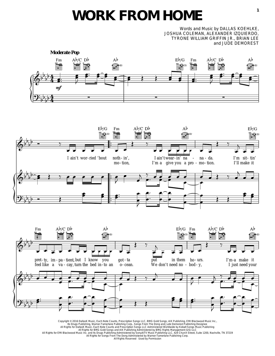 Work From Home Work From Home Piano, Vocal, Guitar scores gallery preview page 1