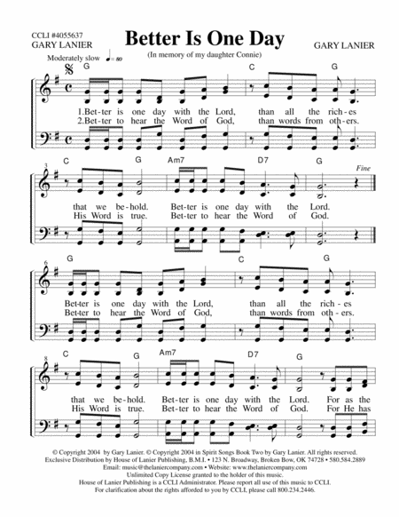 BETTER IS ONE DAY, Worship Hymn Sheet (Includes Melody, Lyrics, 4 Part Harmony & Chords) image number null