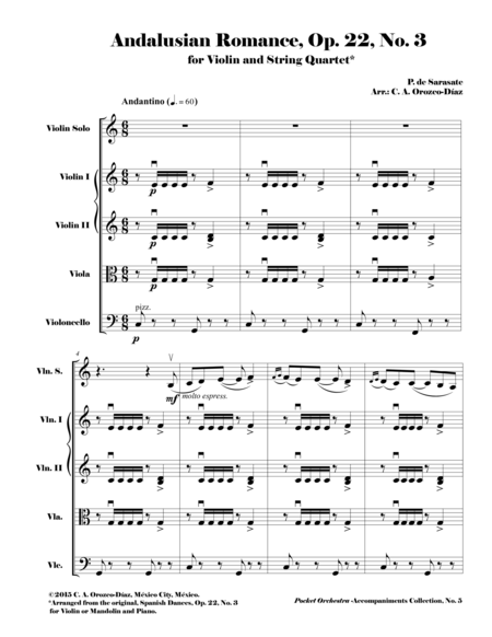 Sarasate - Andalusian Romance, Op. 22, No. 3 - Arrangement for Violin and String Quartet (SCORE)