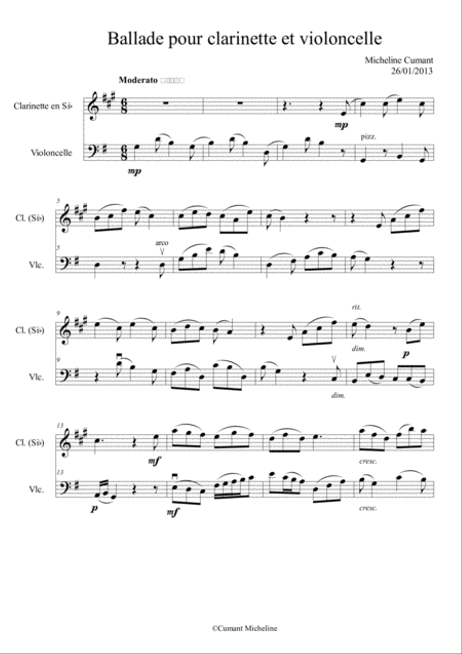 Cumant Micheline : Ballade for clarinet Bb and cello Small Ensemble scores gallery preview page 1