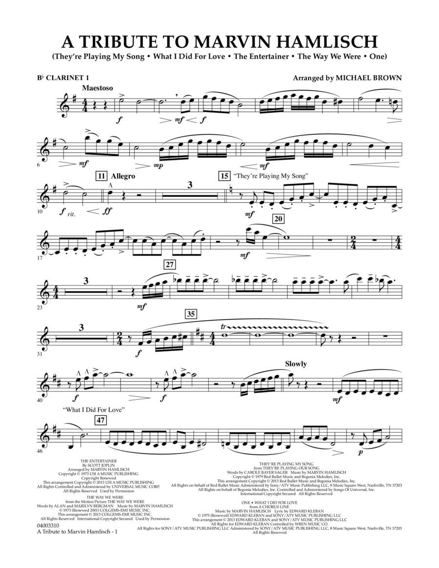 A Tribute To Marvin Hamlisch - Bb Clarinet 1 Concert Band scores gallery preview page 1