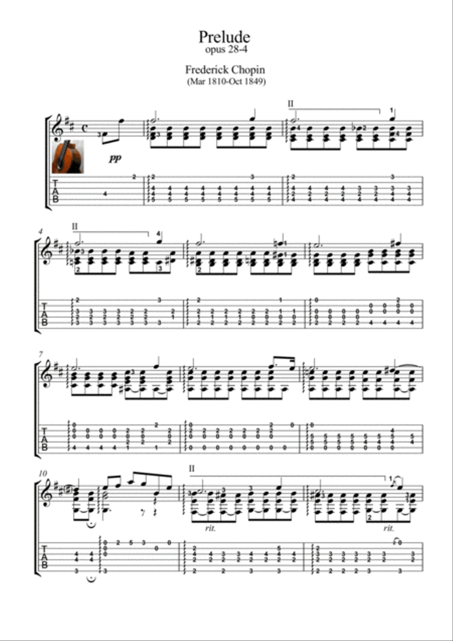 Chopin Prelude 28-4 classical guitar Acoustic Guitar scores gallery preview page 1