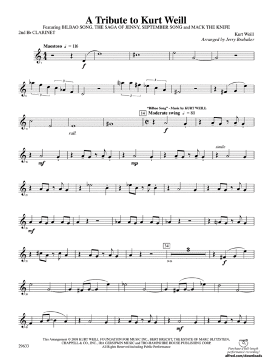 A Tribute to Kurt Weill: 2nd B-flat Clarinet Concert Band scores gallery preview page 1