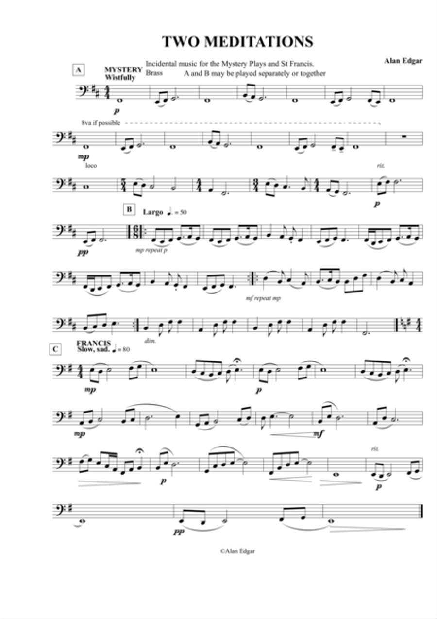 TWO MEDITATIONS for BRASS (Bass Clef) Small Ensemble scores gallery preview page 1