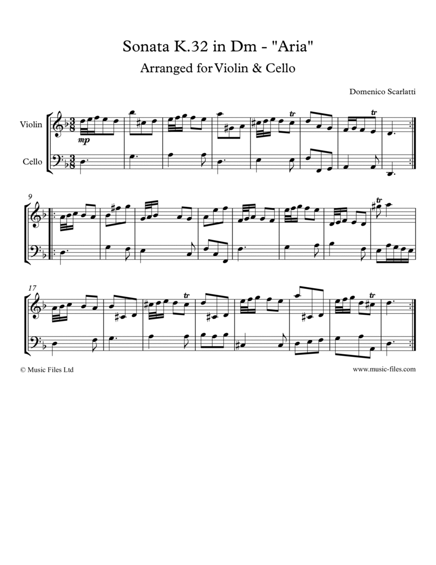 Scarlatti: Sonata K.32 in Dm - Violin & Cello String Duet scores gallery preview page 1