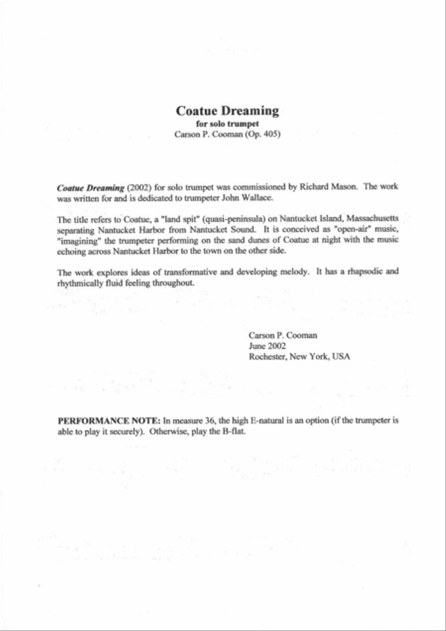 Carson Cooman: Coatue Dreaming (2002) for solo trumpet Trumpet Solo scores gallery preview page 1