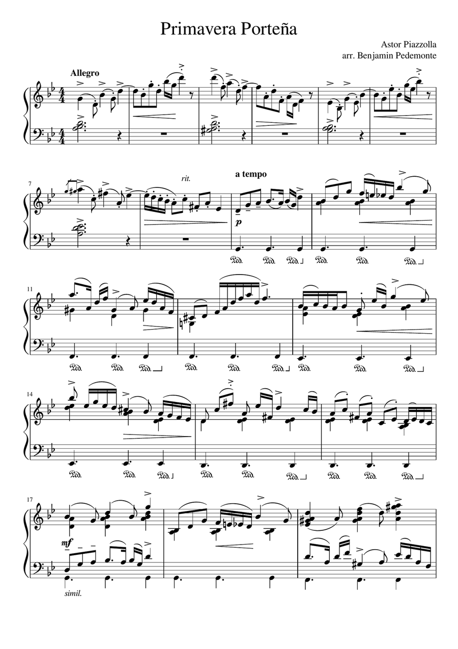 Primavera porteña - Astor Piazzolla (Piano arrangement) Piano Solo scores gallery preview page 1