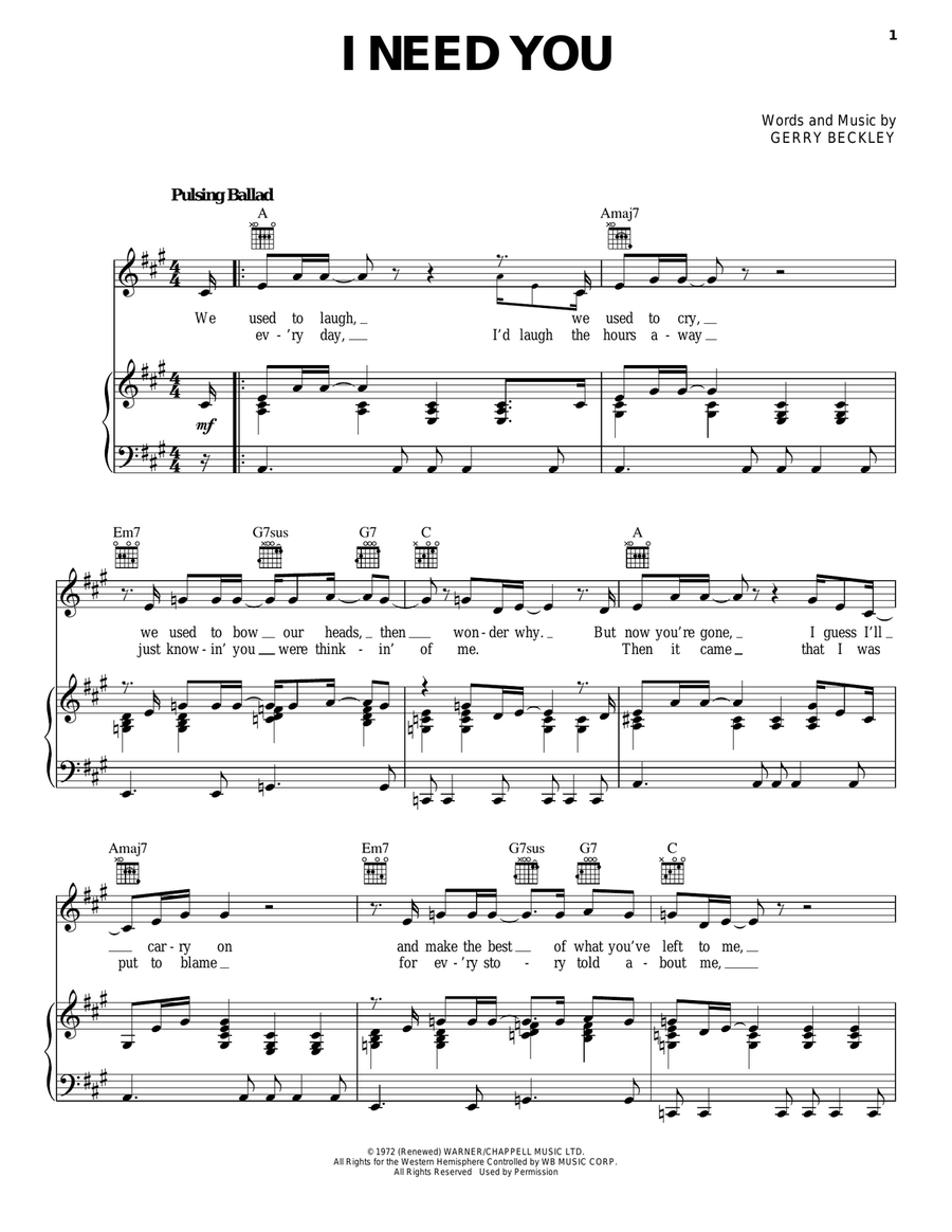 I Need You Piano, Vocal, Guitar scores gallery preview page 1