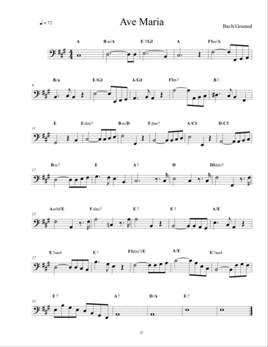 Ave Maria - Bach Gounod bass clef lead sheet Piano scores gallery preview page 1
