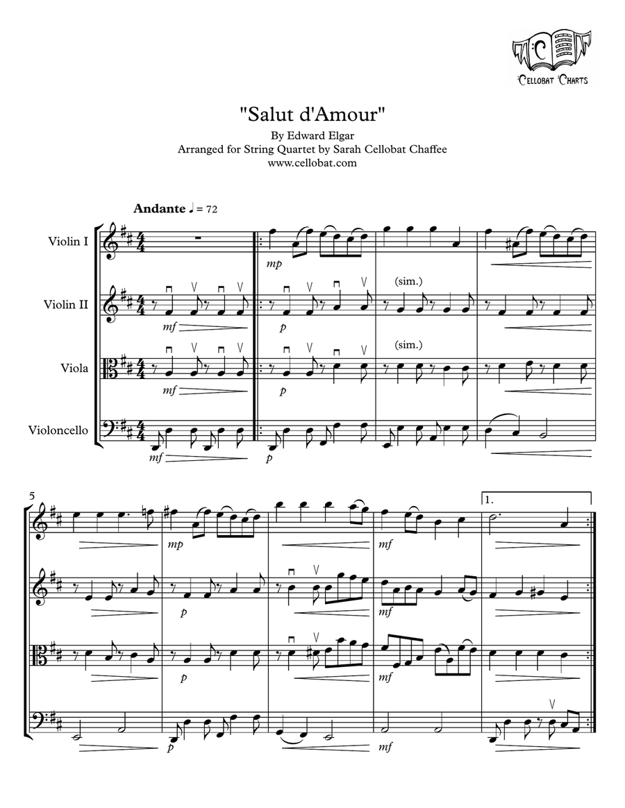 Salut d'Amour for String Quartet - Edward Elgar arr. Cellobat String Quartet scores gallery preview page 1