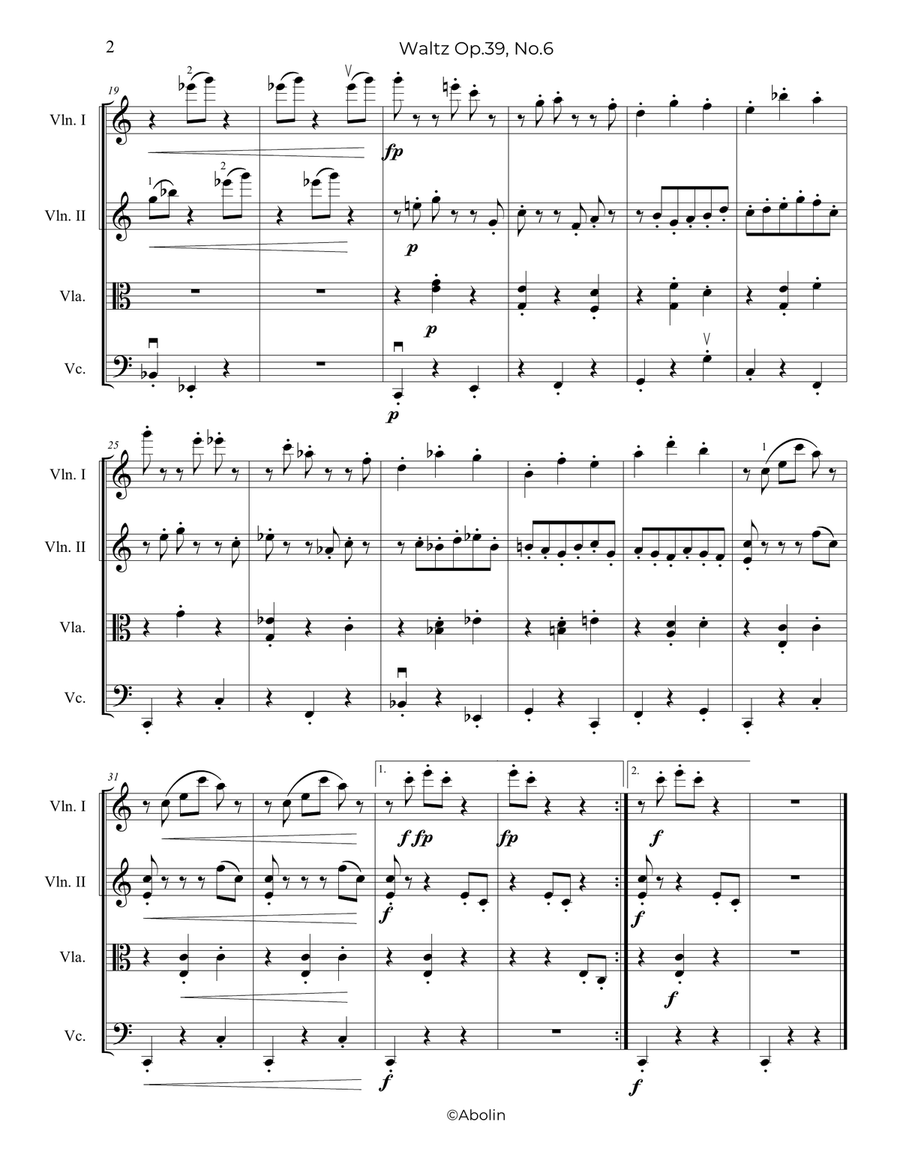 Brahms: Waltz Op.39, No.6 - String Quartet String Quartet scores gallery preview page 3