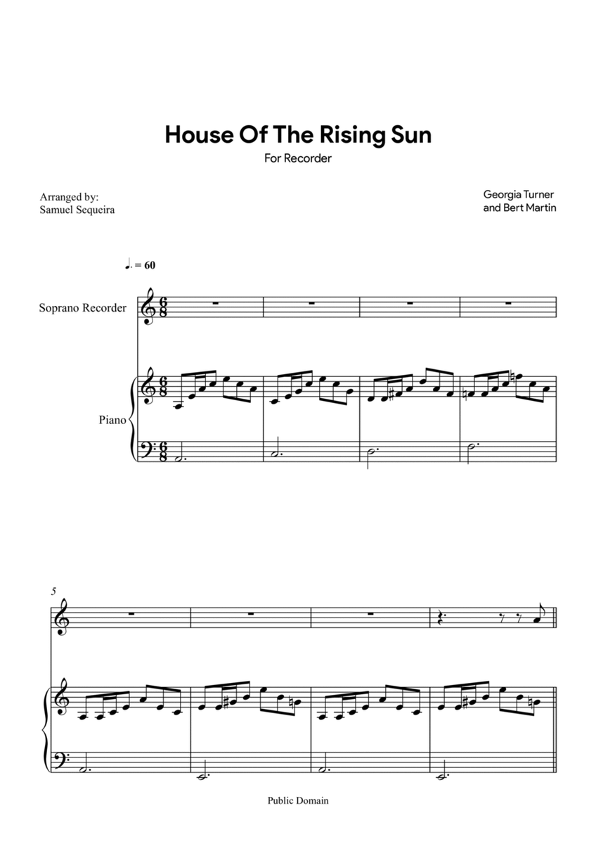 House of the Rising Sun - for Recorder - with play along image number null