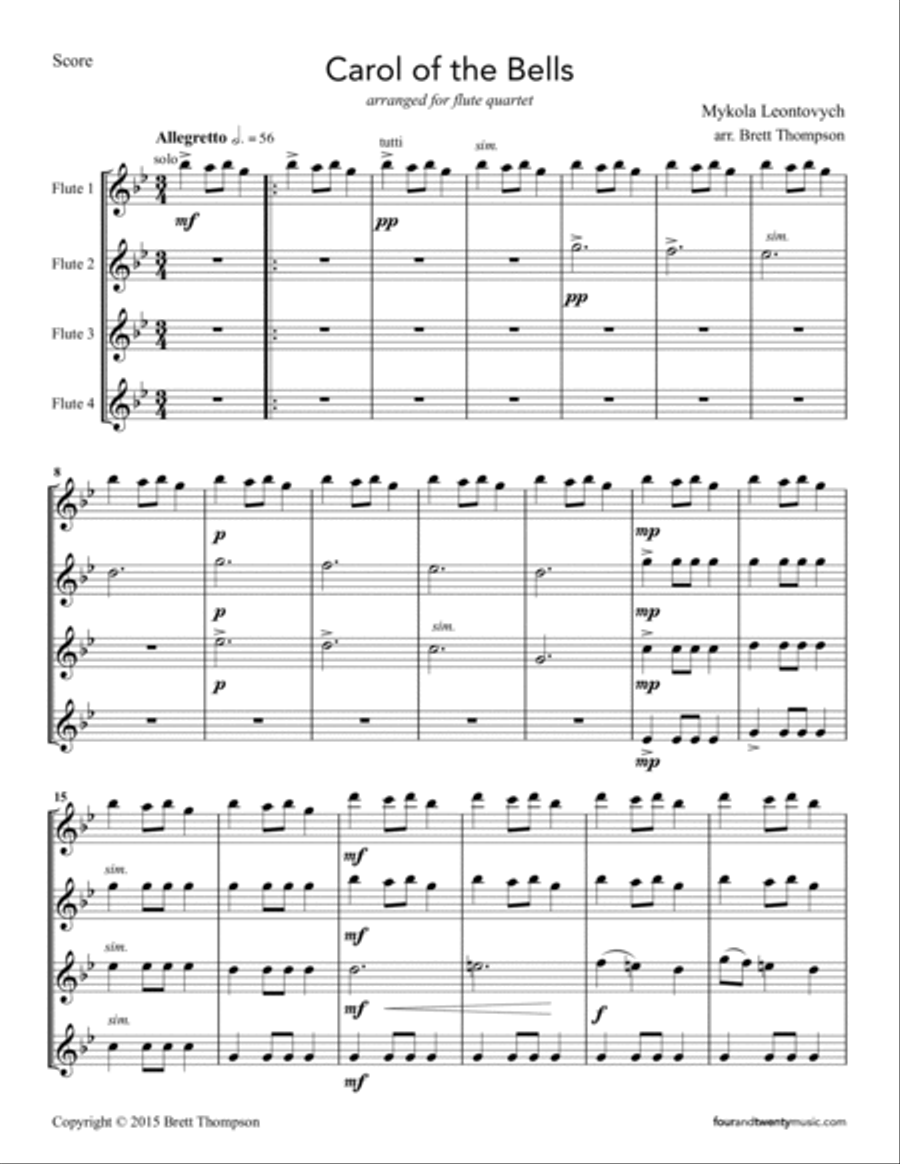 Carol of the Bells, for flute quartet Flute Quartet scores gallery preview page 2