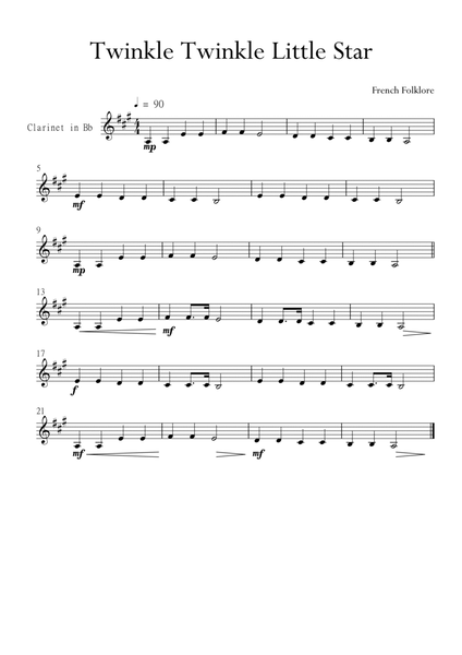 Twinkle Twinkle Little Star for Clarinet in G Major. Very Easy. image number null