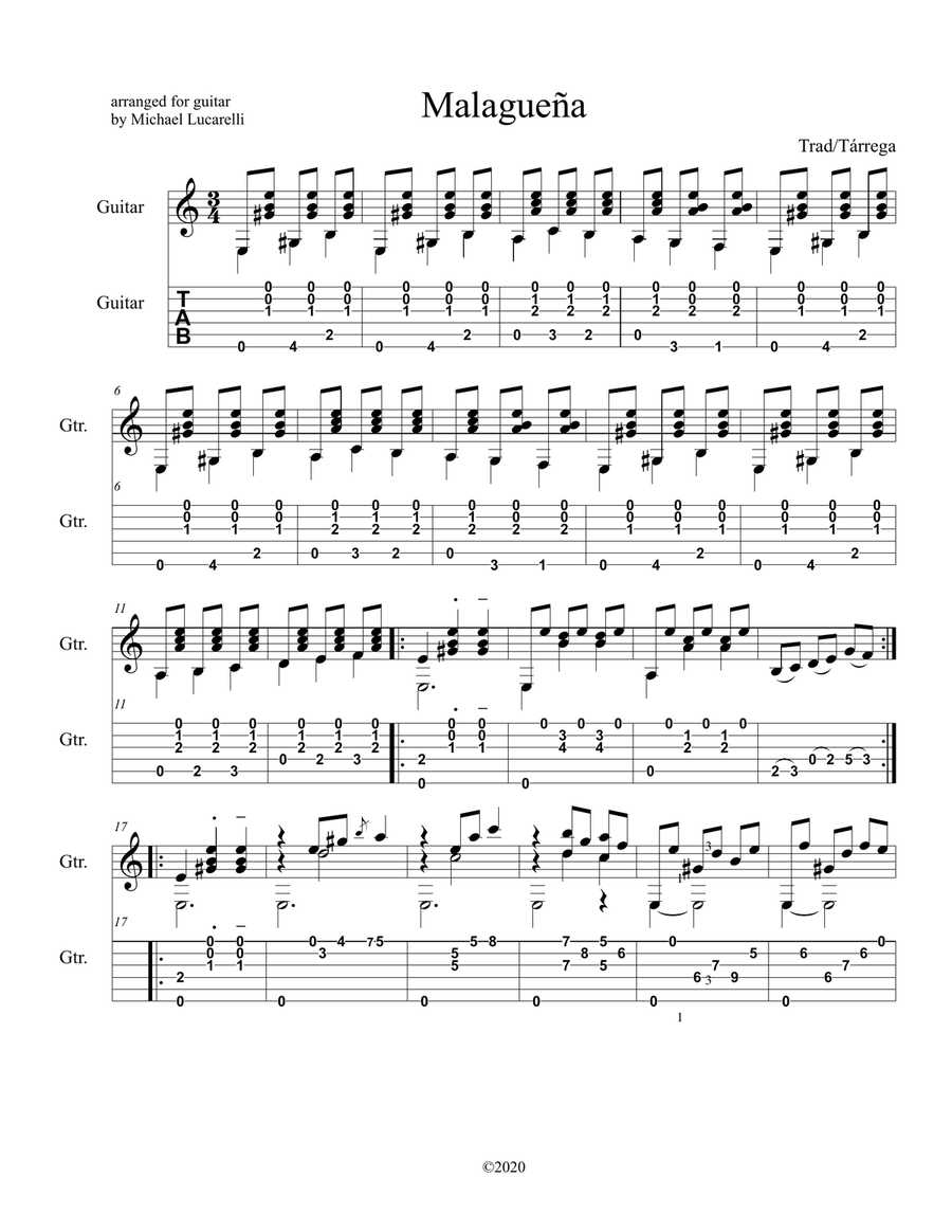 Malagueña Guitar Tablature scores gallery preview page 1