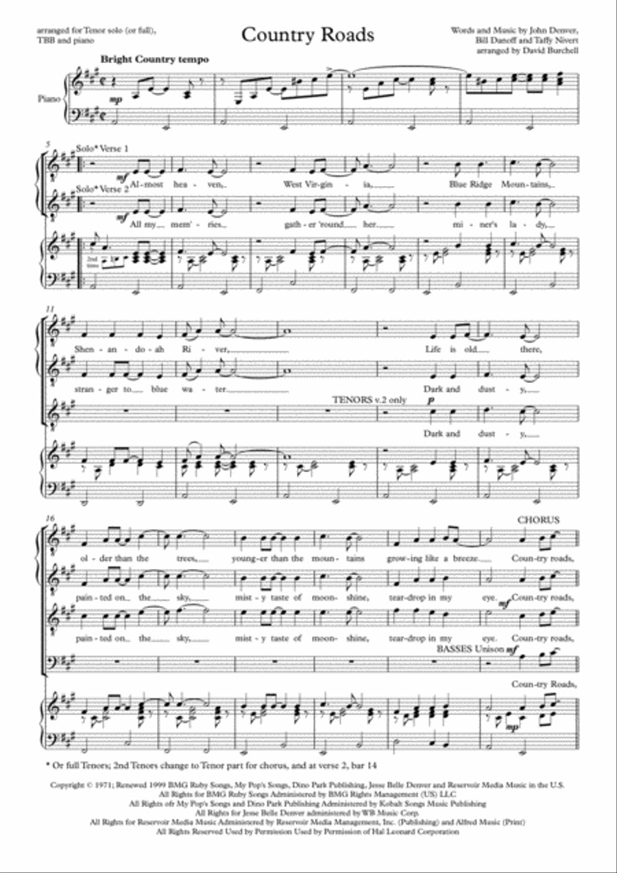 Take Me Home, Country Roads TTBB scores gallery preview page 1