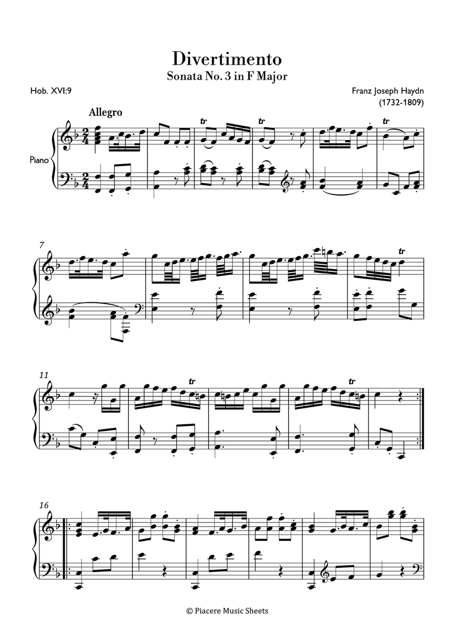 Haydn - Divertimento (Sonata no. 3) in F Major - Intermediate Piano Method scores gallery preview page 2