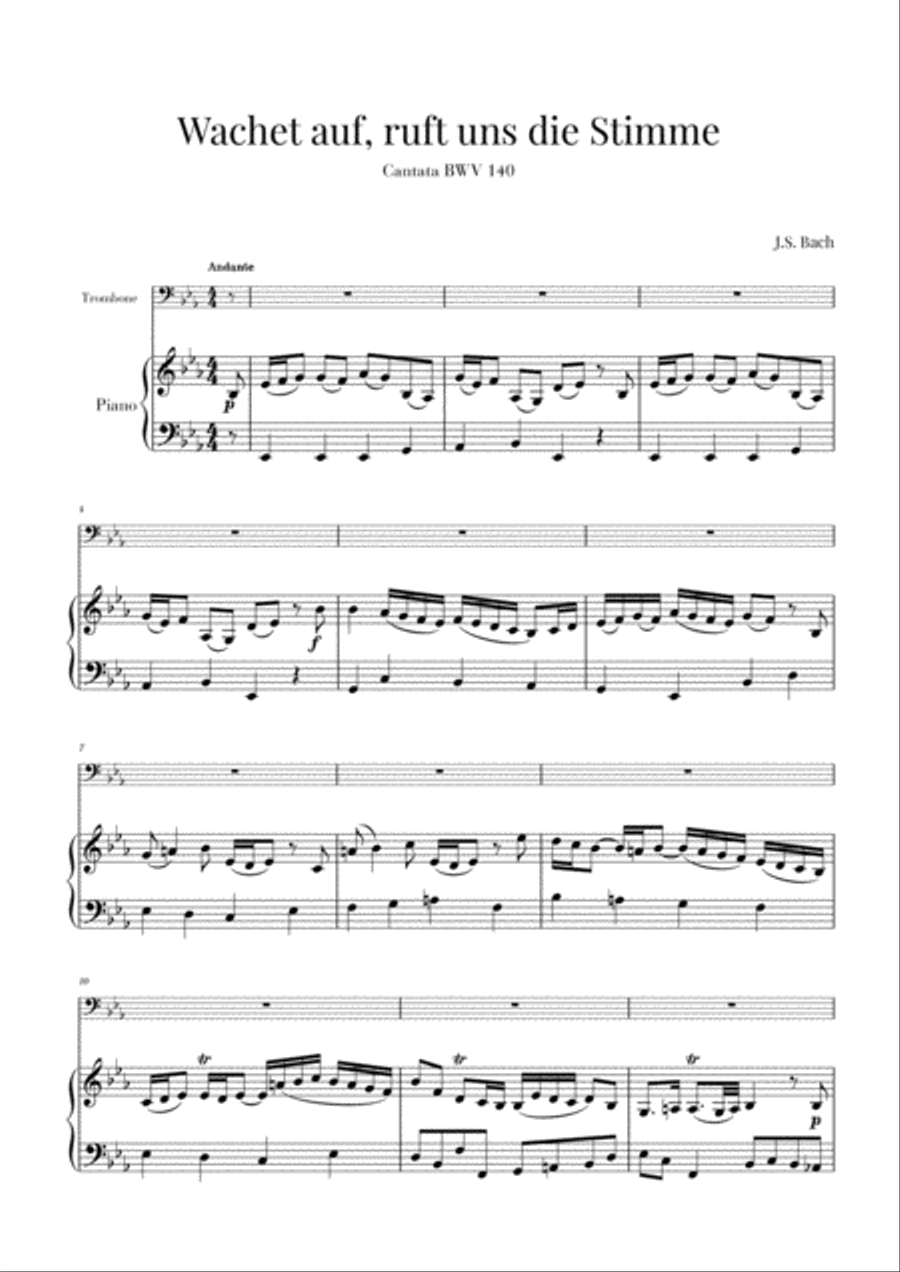 Bach - Wachet auf, ruft uns die Stimme BWV 140 (for Trombone and Piano) Small Ensemble scores gallery preview page 1