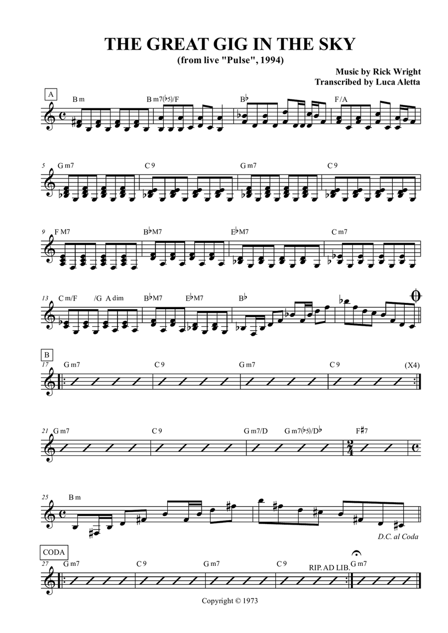 The Great Gig In The Sky Piano, Vocal scores gallery preview page 1