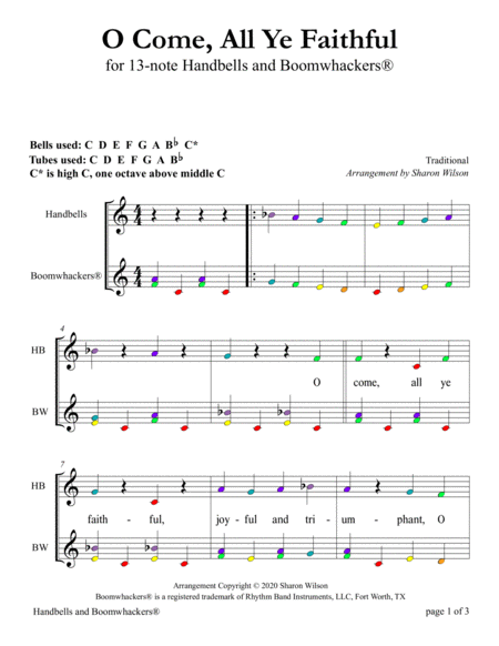 O Come, All Ye Faithful for 13-note Bells and Boomwhackers (with Color Coded Notes) image number null