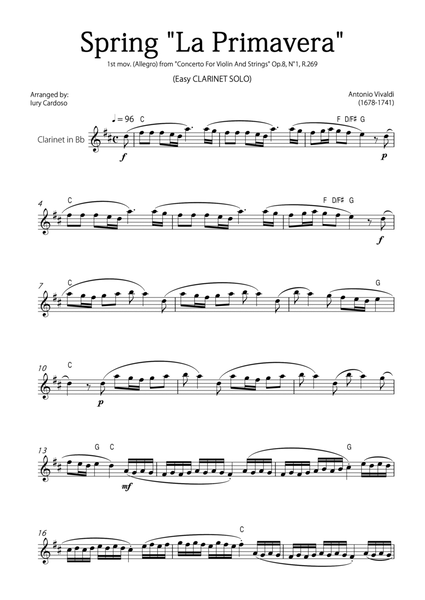 "Spring" (La Primavera) by Vivaldi - Easy version for CLARINET SOLO image number null