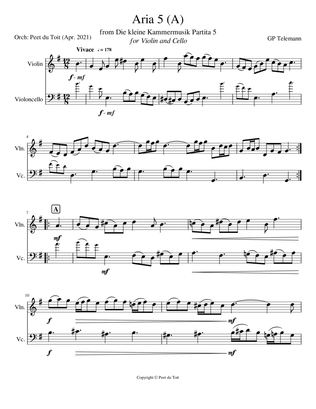Book cover for Aria 5 (A) from Die kleine Kammermusik Partita 5 - GP Telemann (Violin & Cello)