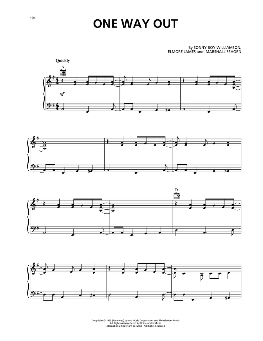 One Way Out Piano, Vocal, Guitar scores gallery preview page 1