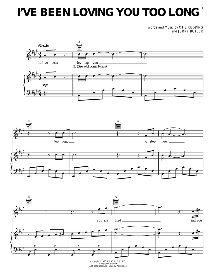 I've Been Loving You Too Long Piano, Vocal, Guitar scores gallery preview page 1