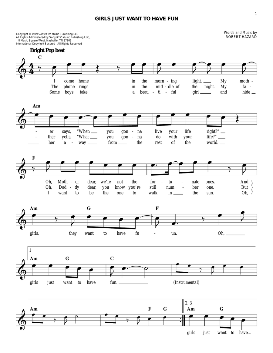Girls Just Want To Have Fun Piano scores gallery preview page 1