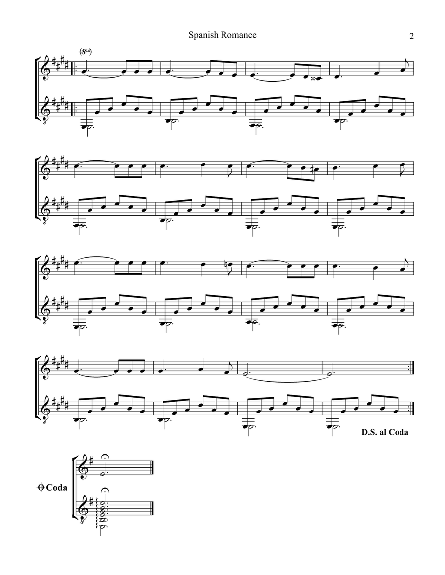 Spanish Romance, Romanza for violin and guitar (E Minor) String Duet scores gallery preview page 2