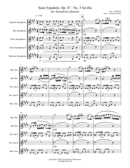 Albéniz - “Sevilla” from Suite Española (for Saxophone Quintet SATTB) image number null