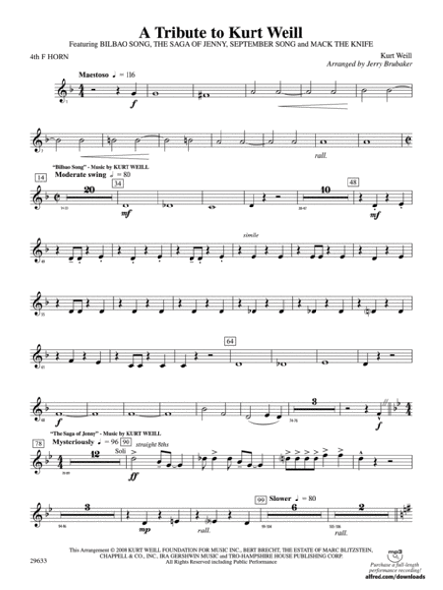 A Tribute to Kurt Weill: 4th F Horn Concert Band scores gallery preview page 1
