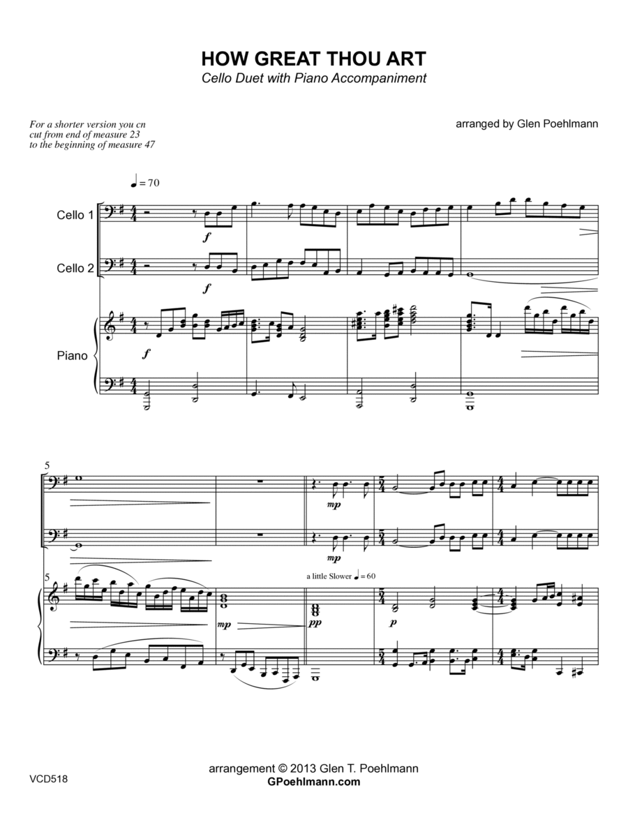 HOW GREAT THOU ART - Cello Duet with Piano Accompaniment (Grade 3-) image number null