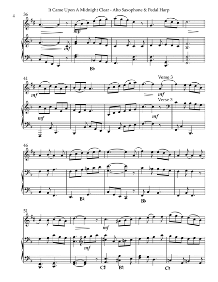 It Came Upon A Midnight Clear, Duet for Eb Alto Saxophone & Pedal Harp Alto Saxophone scores gallery preview page 4