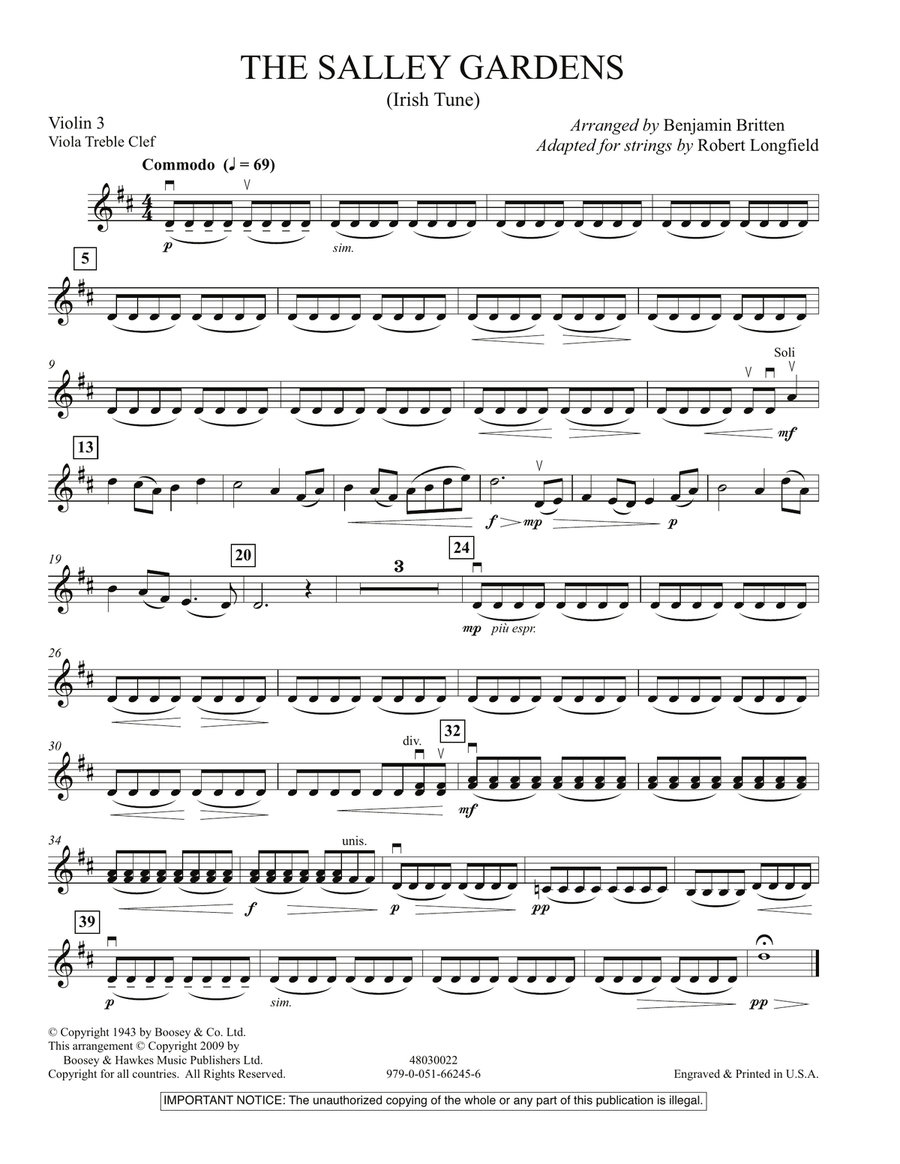 The Salley Gardens - Violin 3 (Viola Treble Clef) Orchestra scores gallery preview page 1