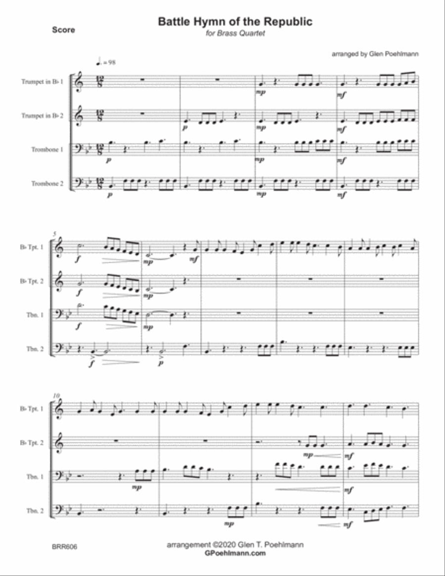 BATTLE HYMN OF THE REPUBLIC for unaccompanied BRASS QUARTET Brass Quartet scores gallery preview page 1
