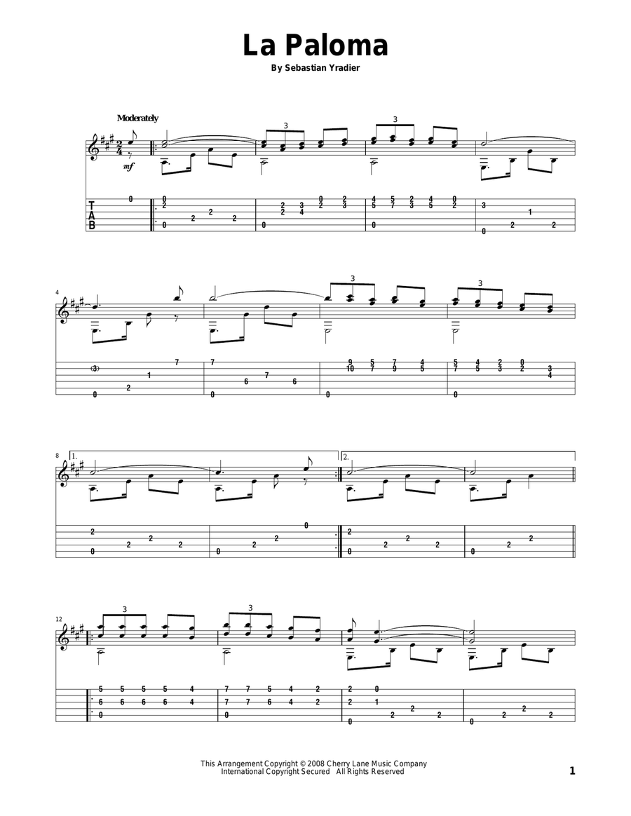 La Paloma Blanca (The White Dove) Acoustic Guitar scores gallery preview page 1