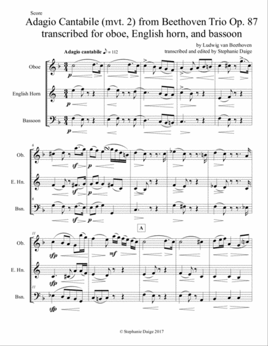 Adagio cantabile (mvt. 2) from Beethoven Trio in C Major, Op. 87, for Oboe, English horn, and Bassoo Woodwind Trio scores gallery preview page 3