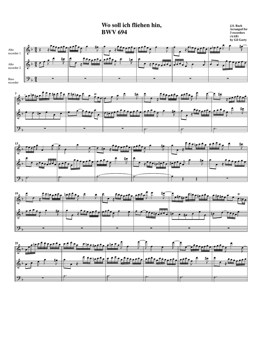 Wo soll ich fliehen hin BWV 694 for organ from Kirnberger Chorales (arrangement for 3 recorders) Recorder scores gallery preview page 1