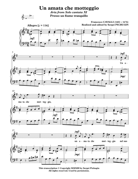CAVALLI Francesco: Un amata che motteggio, aria from the cantata, arranged for Voice and Piano (E mi image number null