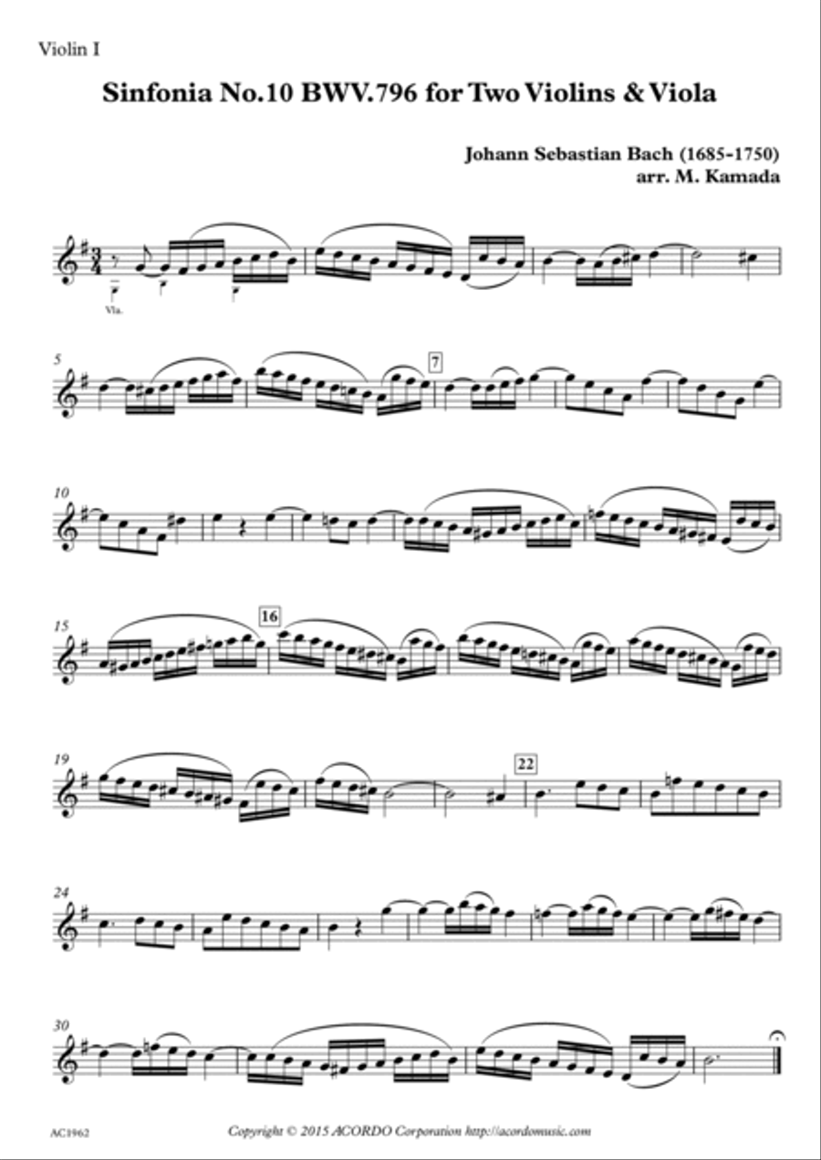 Sinfonia No.10 BWV.796 for Two Violins & Viola String Duet scores gallery preview page 3