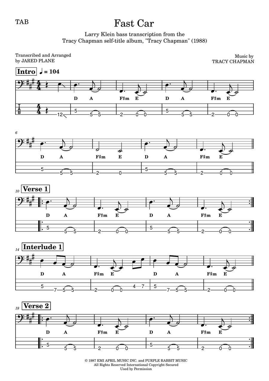 Fast Car Guitar Tablature scores gallery preview page 1