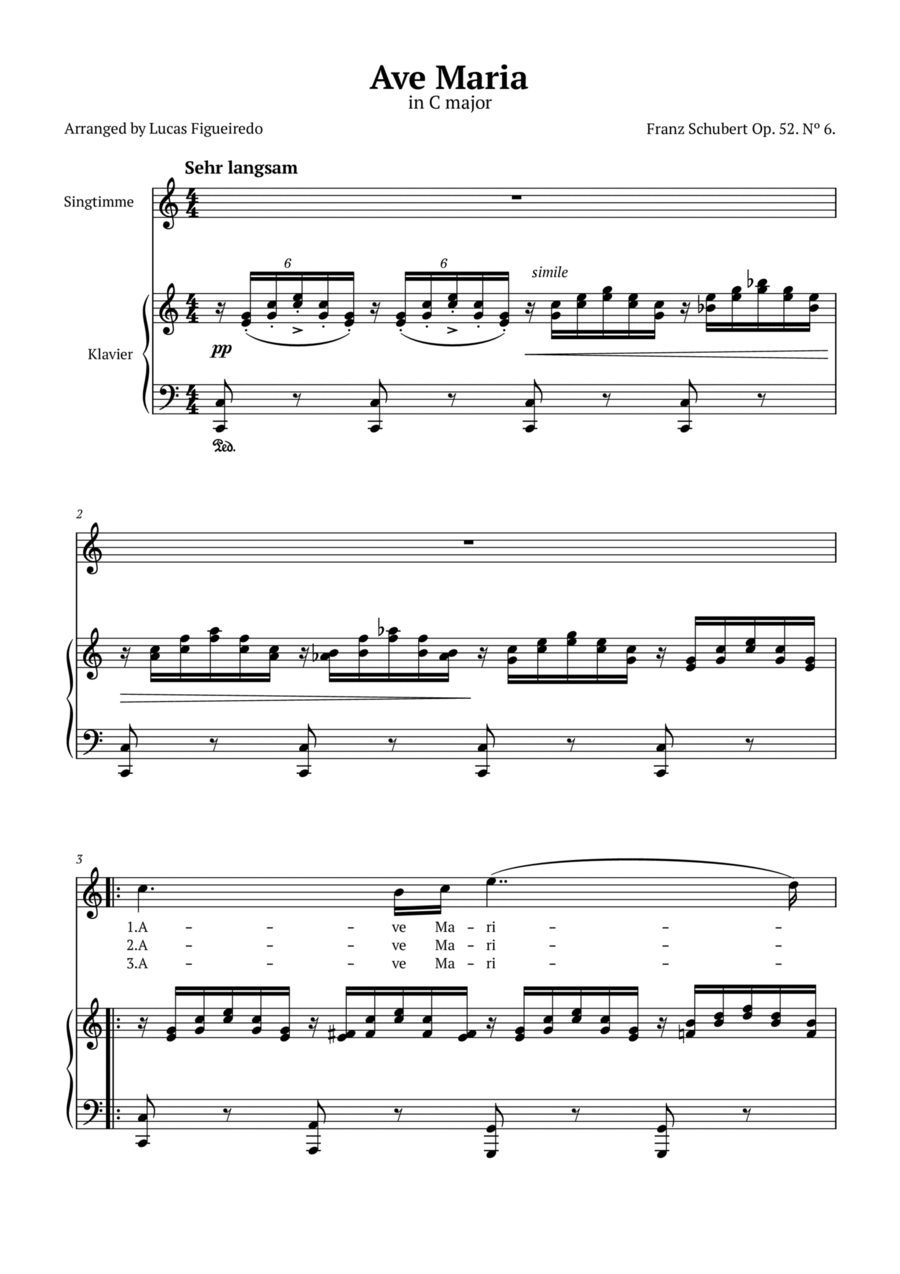Ave Maria (Schubert) in C-Dur - Klavier und Stimme - Songtexte auf Deutsch Voice scores gallery preview page 1