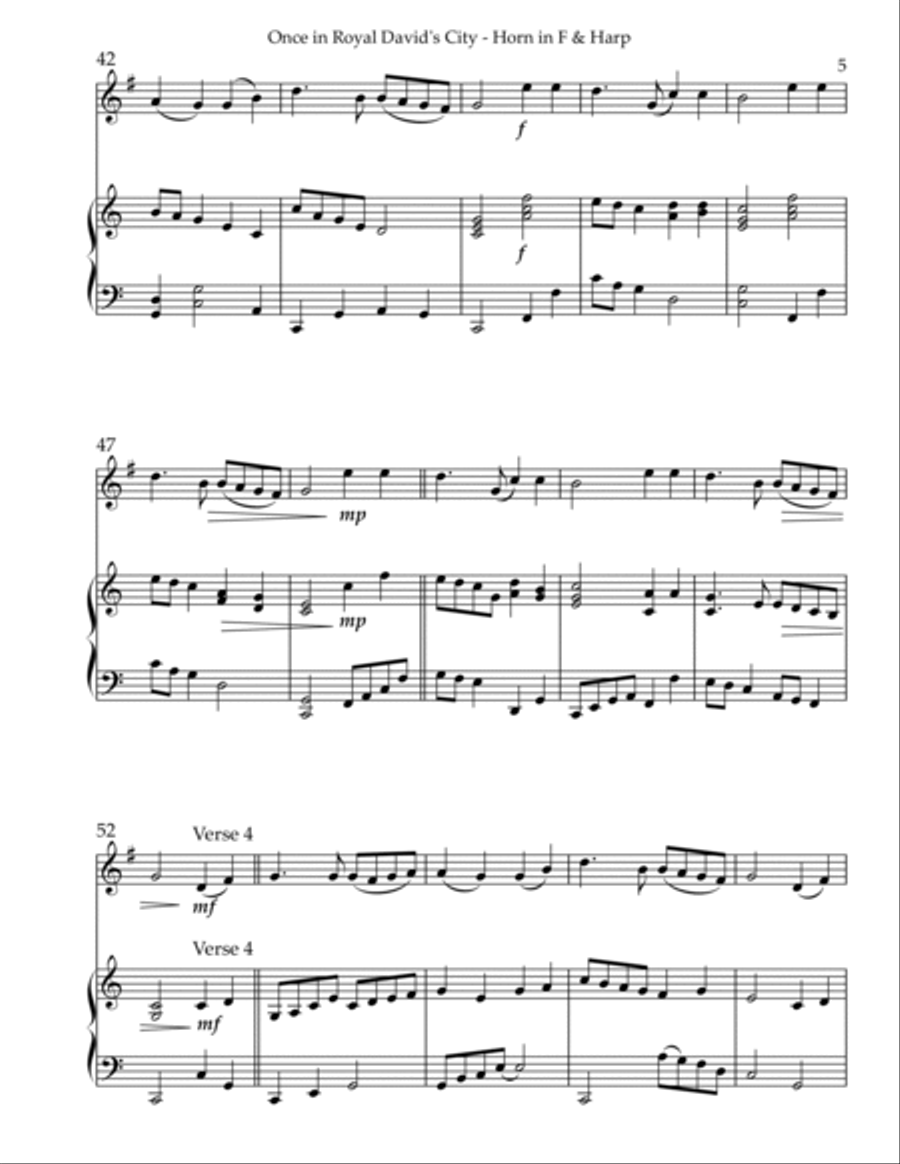 Once in Royal David’s City, Duet for Horn in F & Harp Harp scores gallery preview page 5
