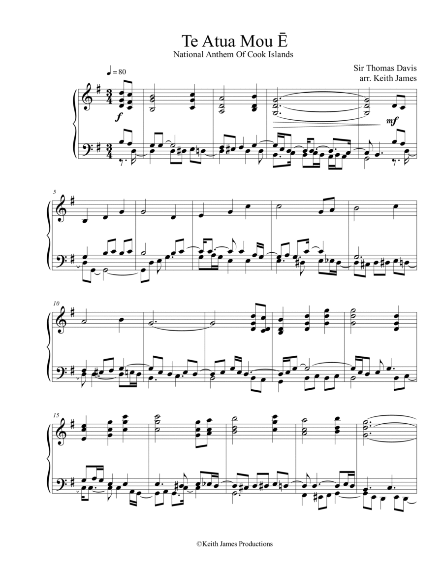 Te Atua Mou Ē , National Anthem Of The Cook Islands Piano Solo scores gallery preview page 1