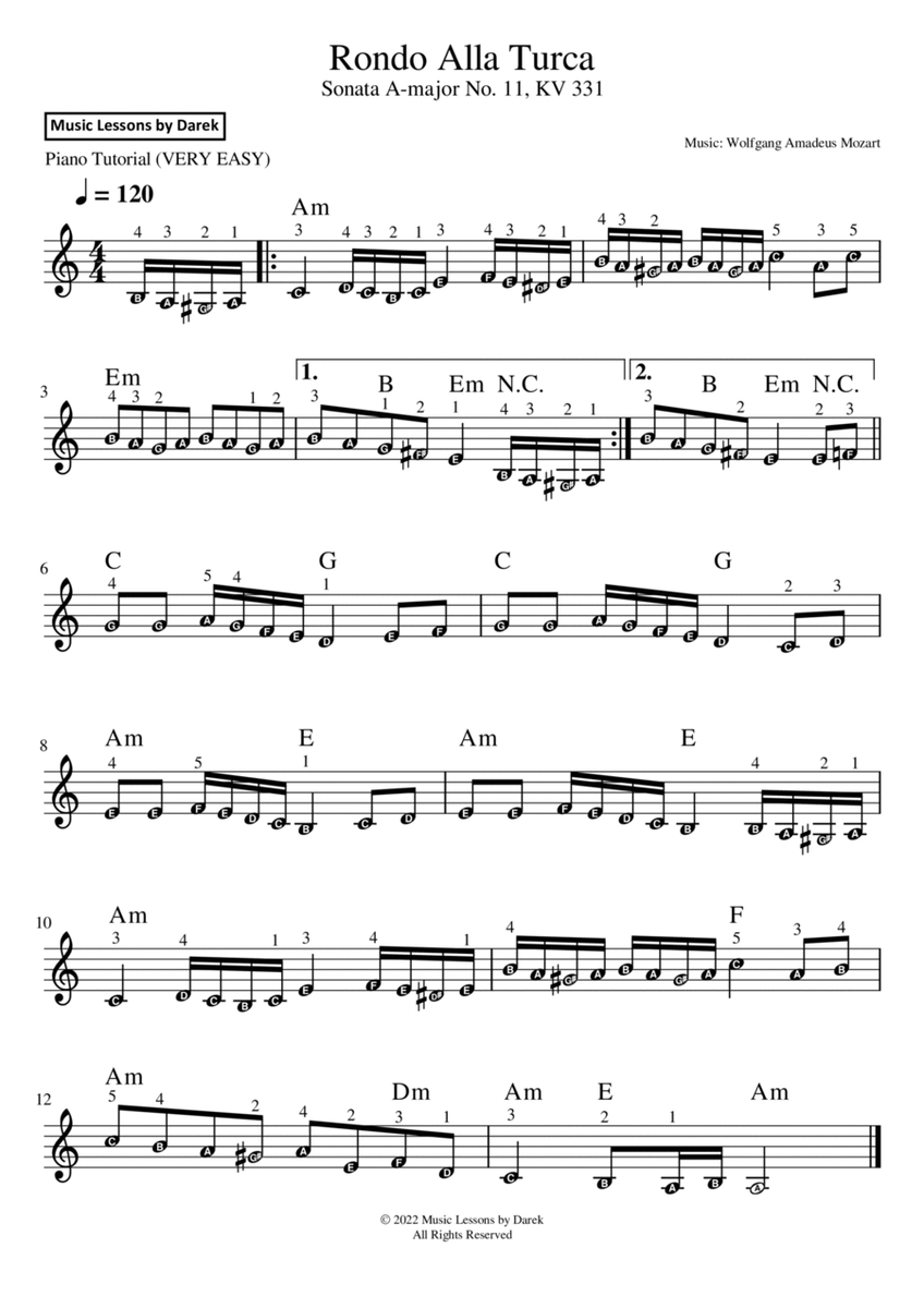 Rondo Alla Turca (VERY EASY PIANO) Sonata A-major No. 11, KV 331 [Wolfgang Amadeus Mozart] image number null