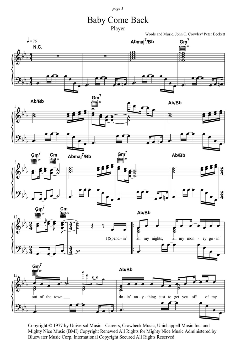Baby Come Back Piano, Vocal scores gallery preview page 1