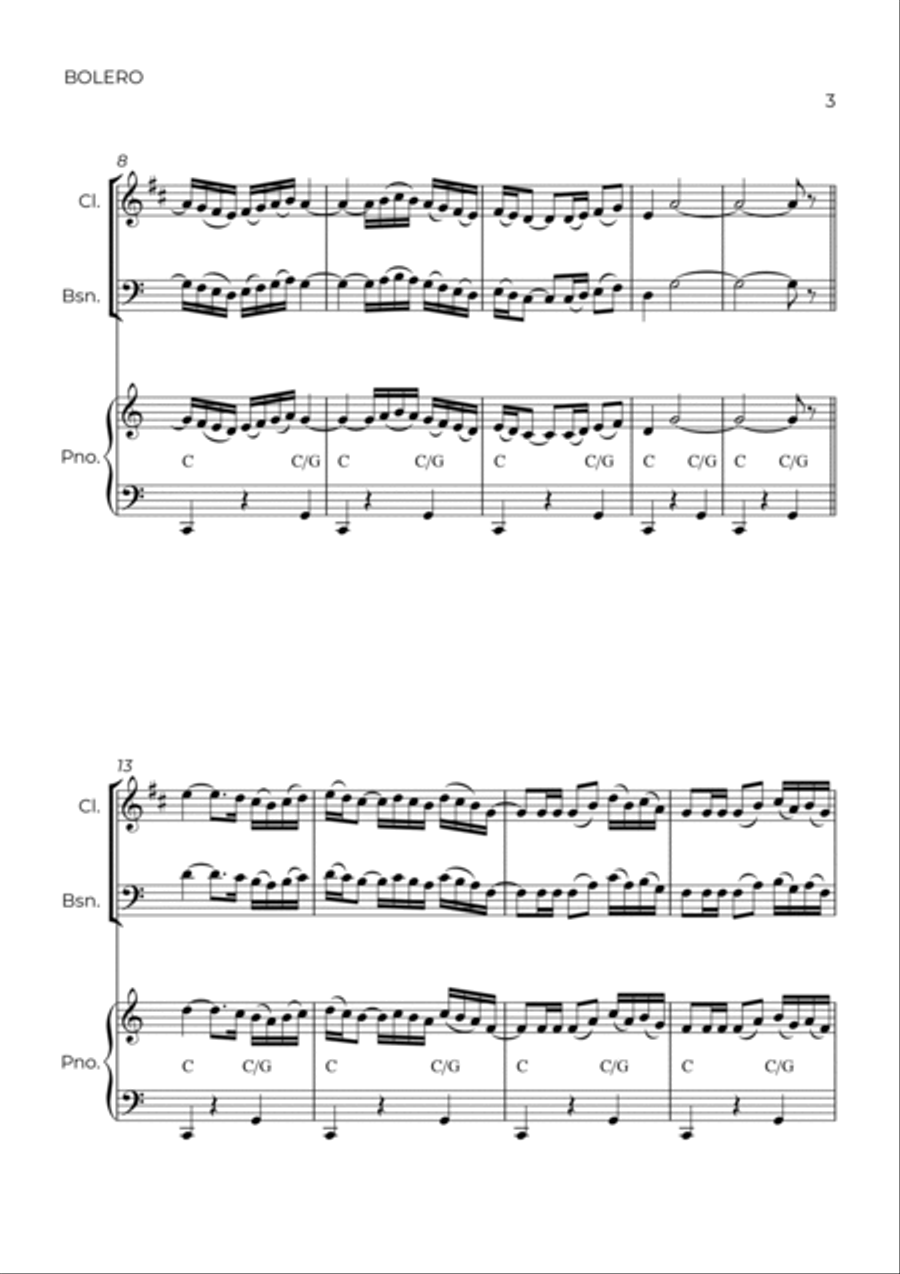 BOLERO - RAVEL - WIND PIANO TRIO (CLARINET, BASSOON & PIANO) Bassoon scores gallery preview page 3