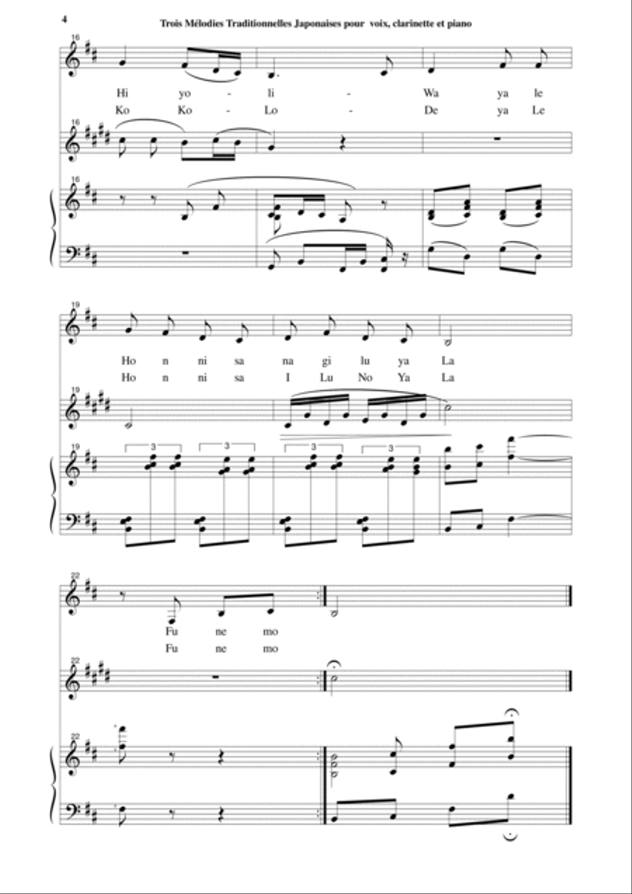 Jean-Thierry Boisseau: Trois Mélodies Japonaises for medium voice, Bb clarinet and piano Small Ensemble scores gallery preview page 4