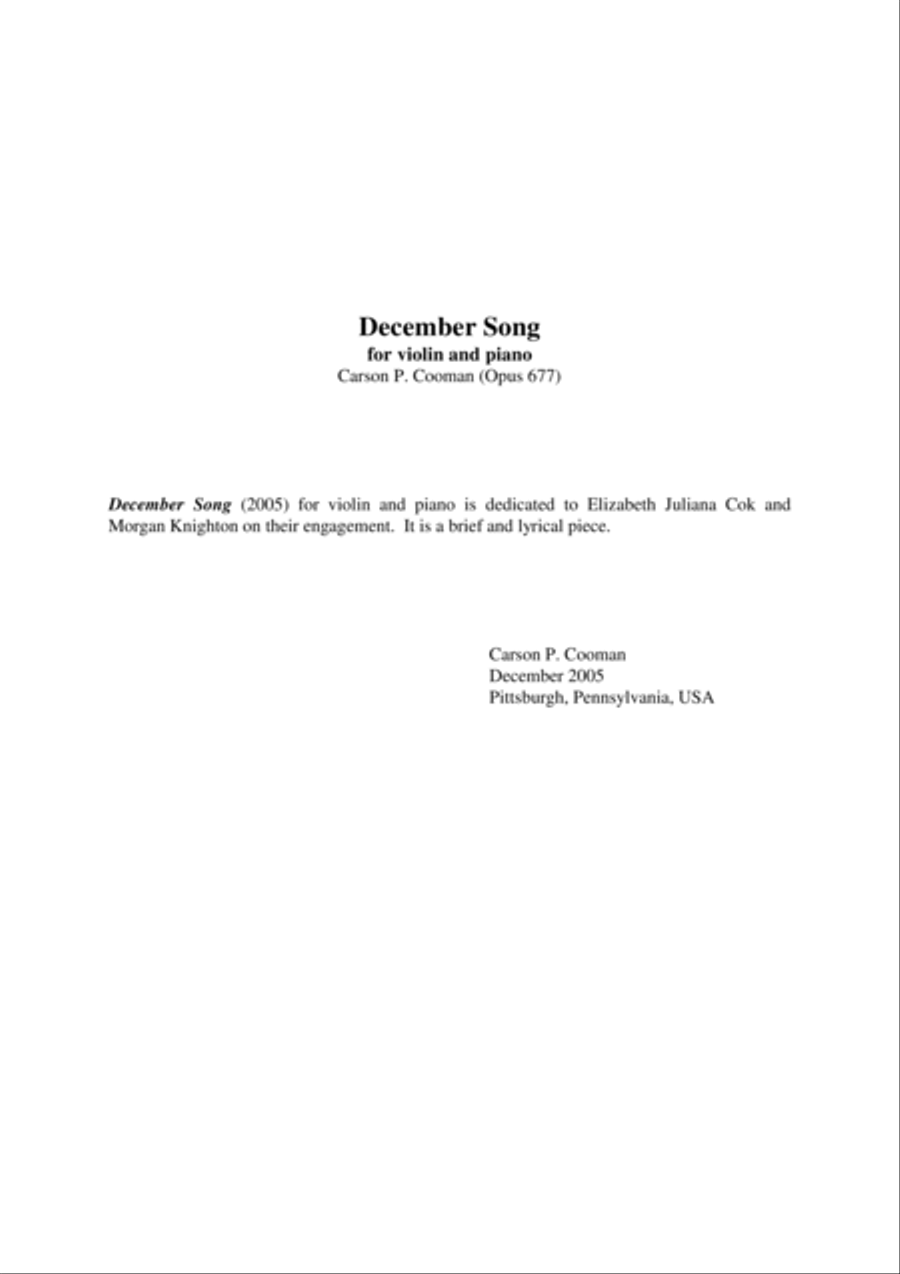 Carson Cooman: December Song for violin and piano Violin Solo scores gallery preview page 1